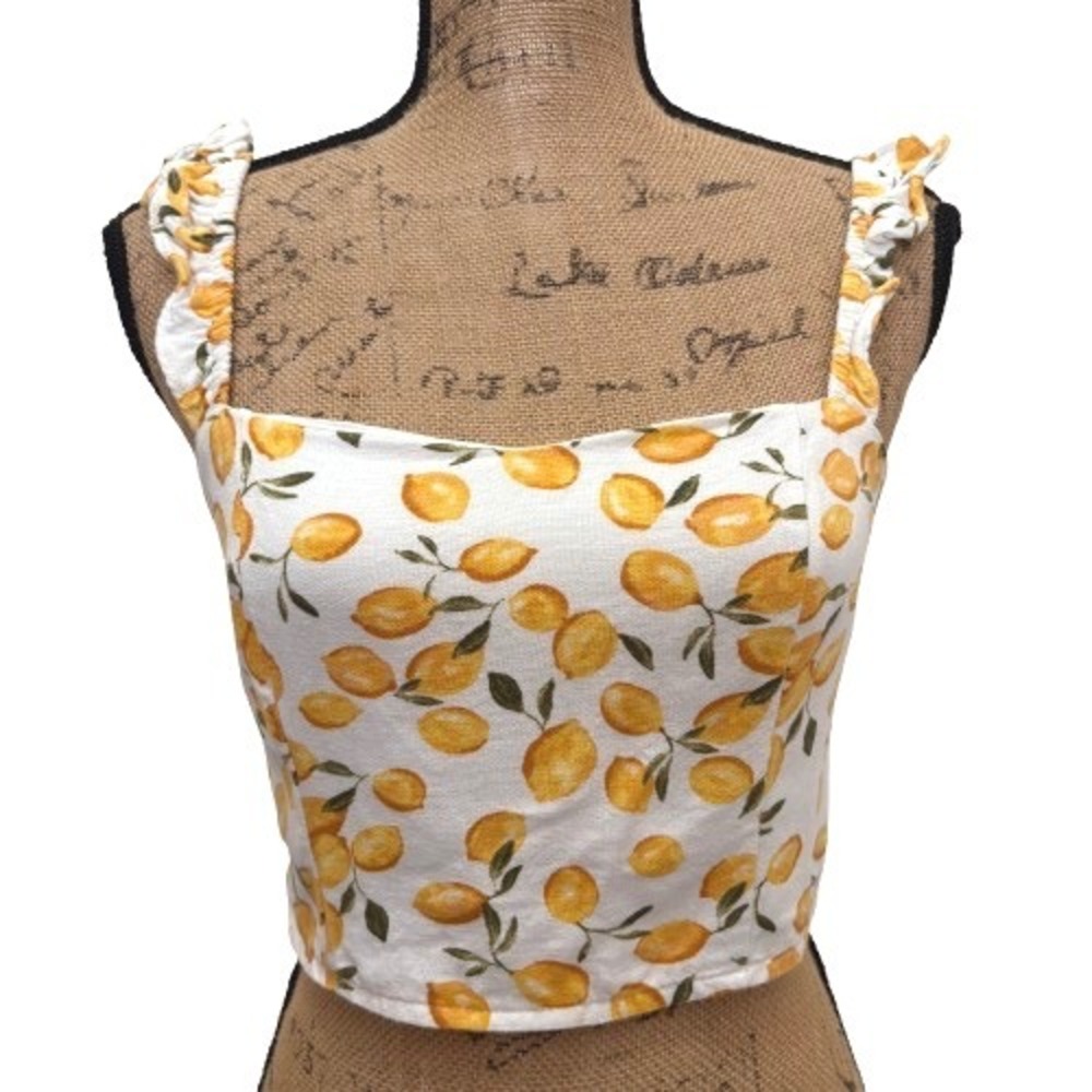 Francesca's Miami Ruffle Strap Crop Tank Top Lemon Print Euro Summer  Size Small